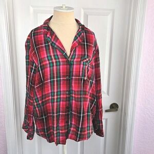 Victoria's Secret Plaid Holiday Pajama Top Size M Shirt Pink Green Cotton Blend
